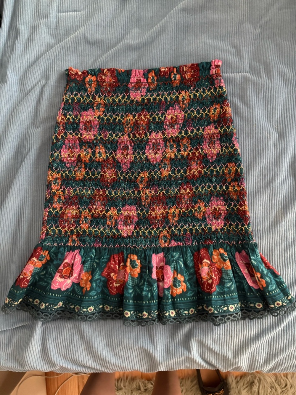 Anthropologie Teal Floral Smocked Mini Skirt - Picture 4 of 4